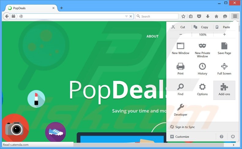 Removing PopDeals ads from Mozilla Firefox step 1