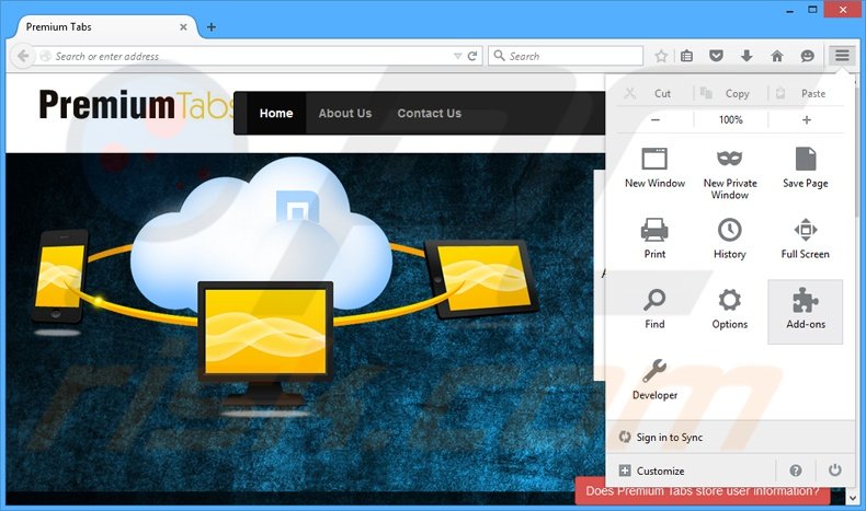 Removing Premium Tabs ads from Mozilla Firefox step 1