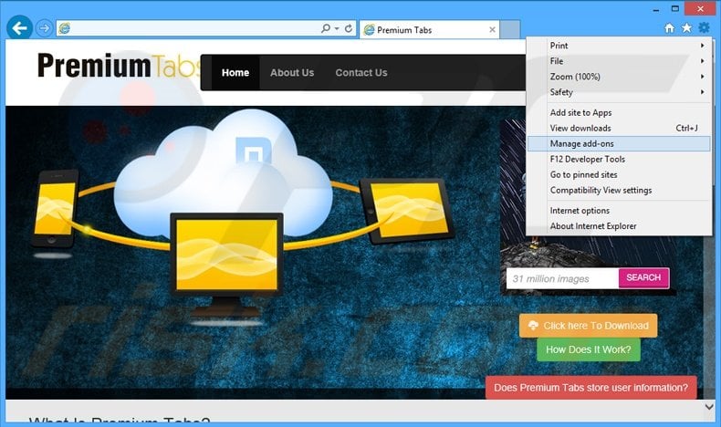 Removing Premium Tabs ads from Internet Explorer step 1