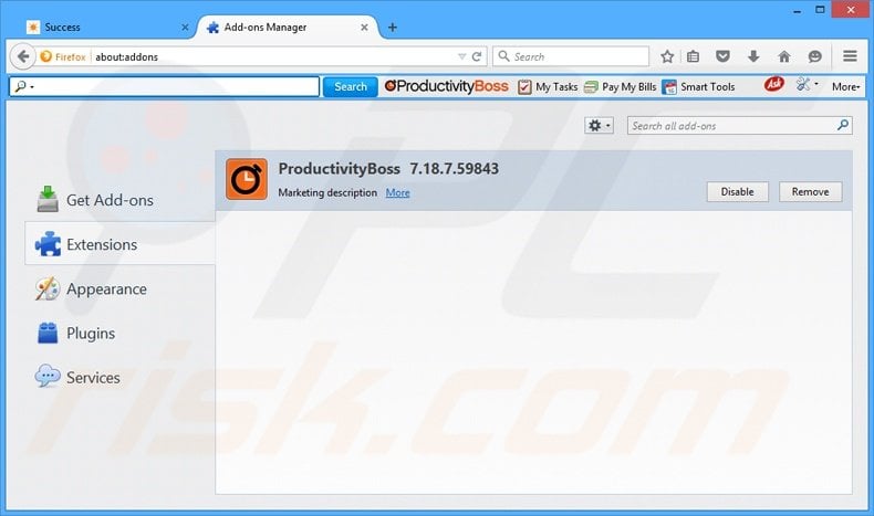 Removing ProductivityBoss related Mozilla Firefox extensions