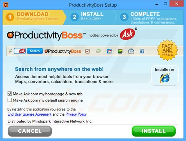 Official ProductivityBoss browser hijacker installation setup