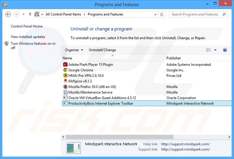 ProductivityBoss browser hijacker uninstall via Control Panel