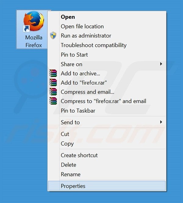 Removing search.protectedio.com from Mozilla Firefox shortcut target step 1