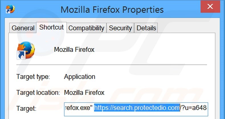 Removing search.protectedio.com from Mozilla Firefox shortcut target step 2