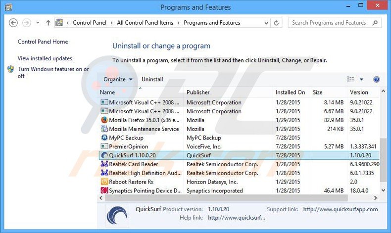 quicksurf adware uninstall via Control Panel