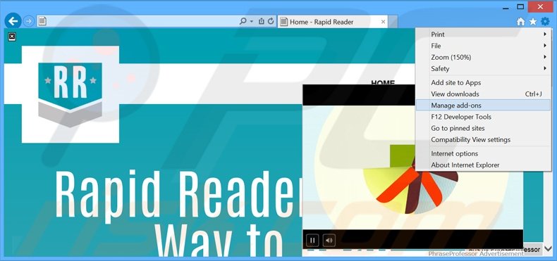 Removing RapidReader ads from Internet Explorer step 1