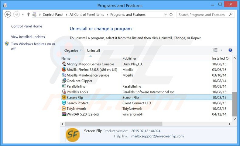 screen flip adware uninstall via Control Panel