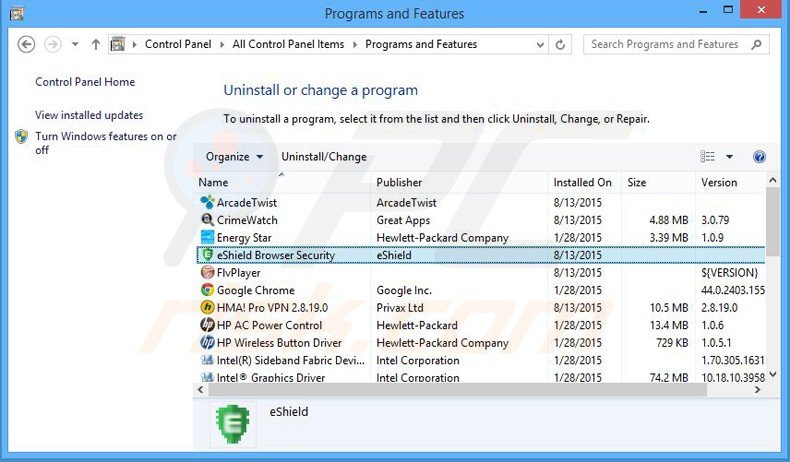search.eshield.com browser hijacker uninstall via Control Panel