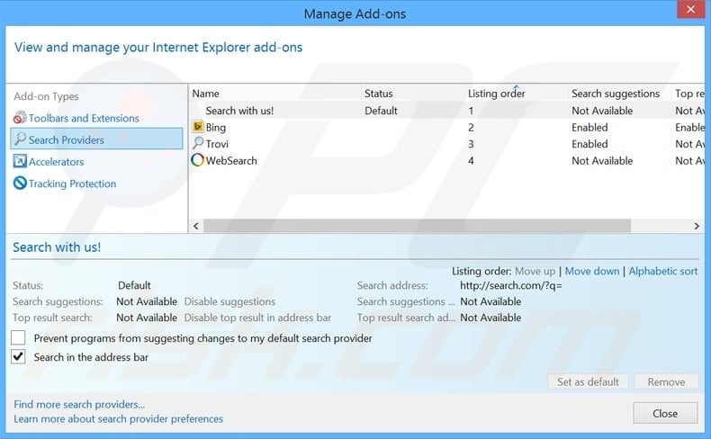 Removing search.com from Internet Explorer default search engine