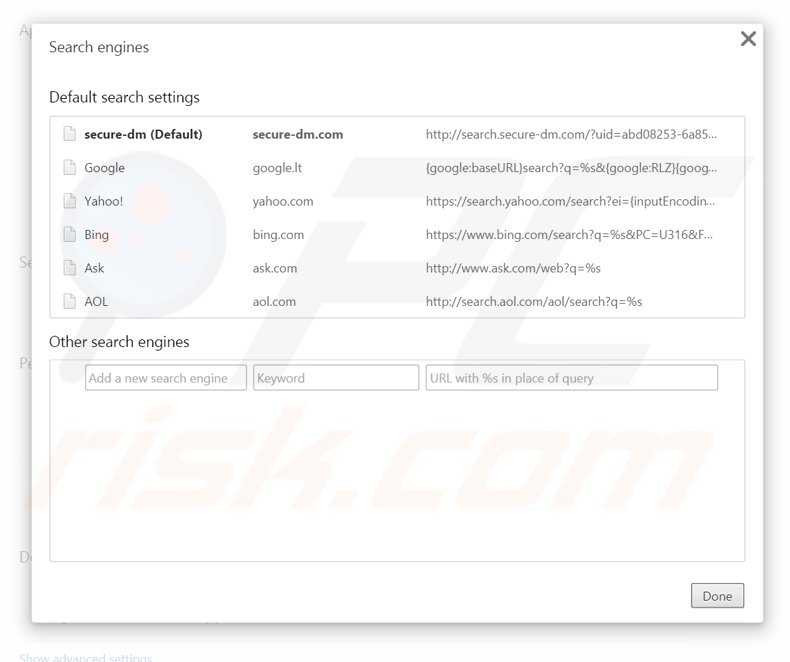 Removing search.secure-dm.com from Google Chrome default search engine