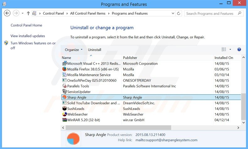 sharp angle adware uninstall via Control Panel