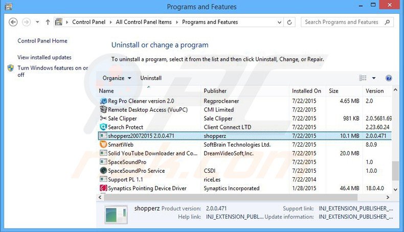 shopperz adware uninstall via Control Panel