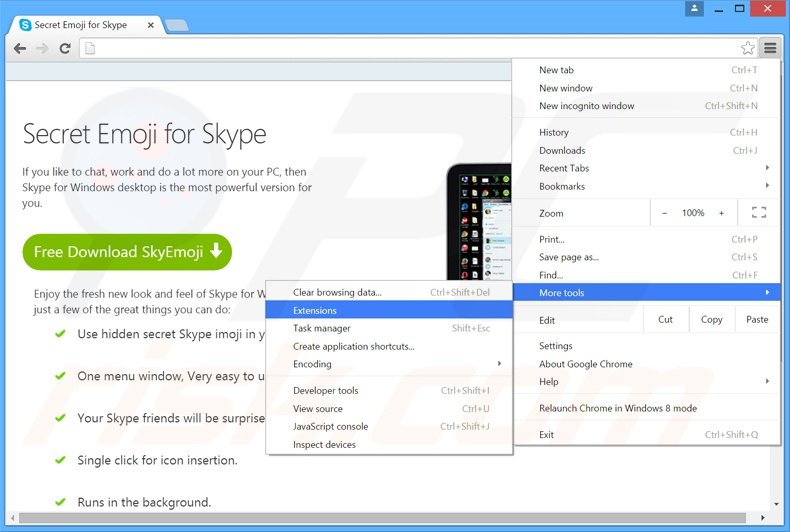 Removing SkyeMoji  ads from Google Chrome step 1