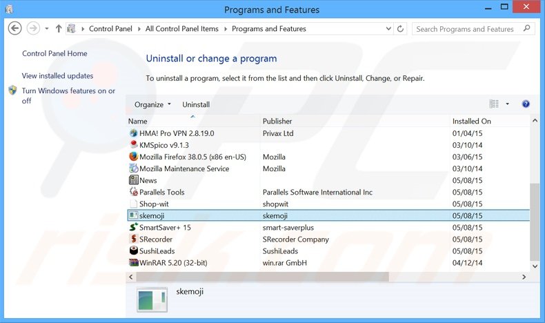 SkyeMoji adware uninstall via Control Panel