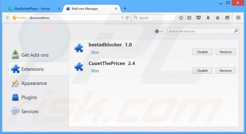 Removing Skyrocket Player ads from Mozilla Firefox step 2