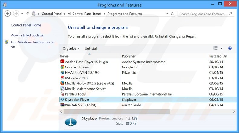 Skyrocket Player adware uninstall via Control Panel