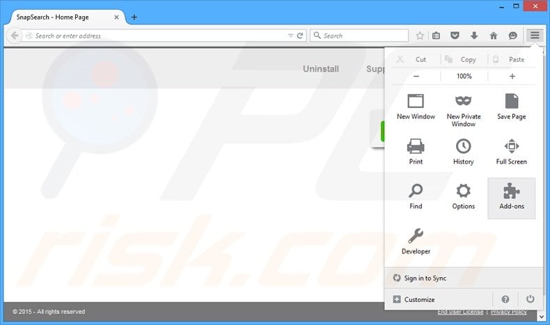 Removing SnapSearch ads from Mozilla Firefox step 1