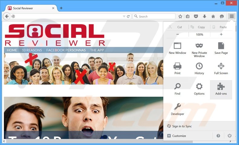 Removing Social Reviewer ads from Mozilla Firefox step 1