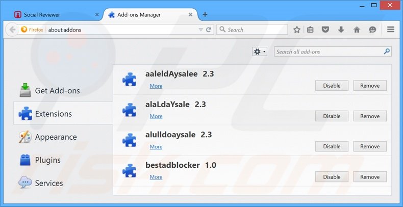 Removing Social Reviewer ads from Mozilla Firefox step 2