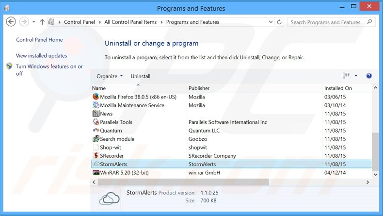 StormAlerts adware uninstall via Control Panel