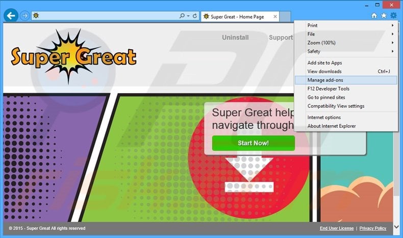 Removing Super Great ads from Internet Explorer step 1