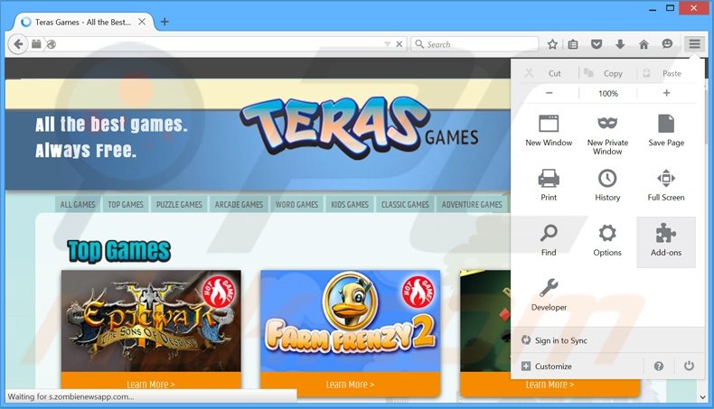 Removing Teras Games ads from Mozilla Firefox step 1