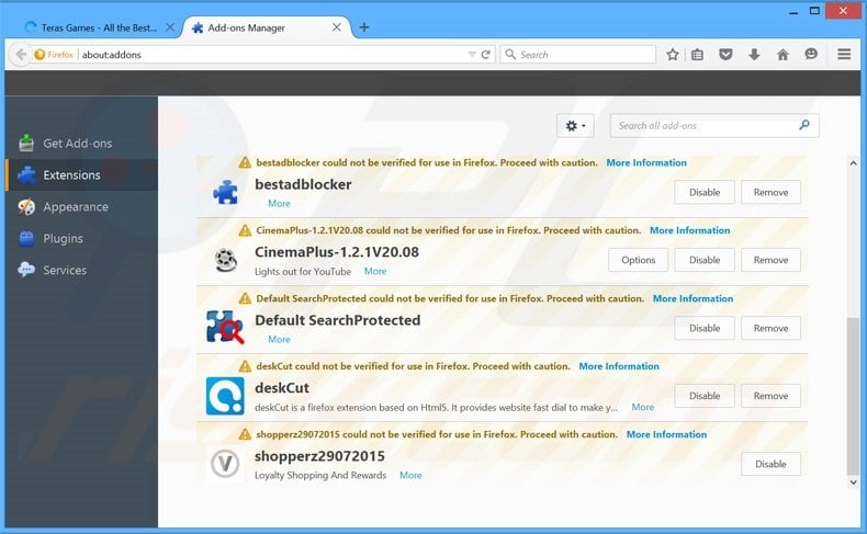 Removing Teras Games ads from Mozilla Firefox step 2