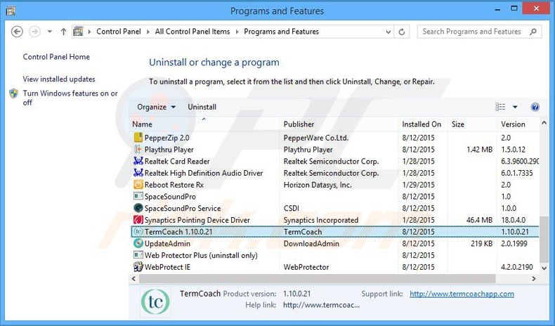 termcoach adware uninstall via Control Panel