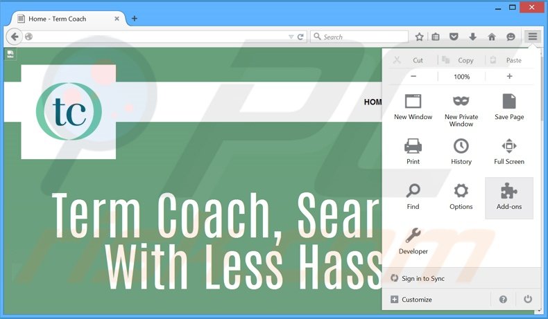 Removing TermCoach ads from Mozilla Firefox step 1