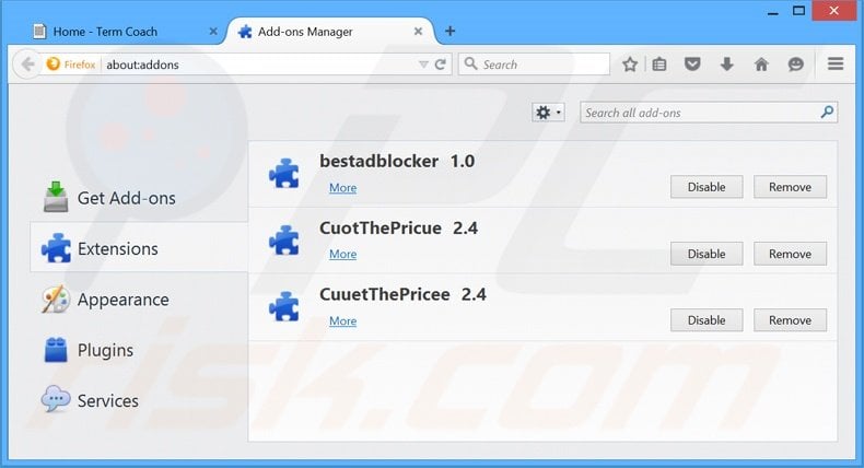 Removing TermCoach ads from Mozilla Firefox step 2