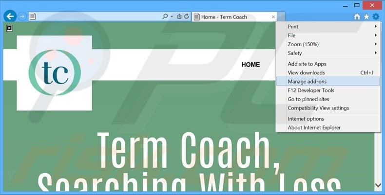 Removing TermCoach ads from Internet Explorer step 1