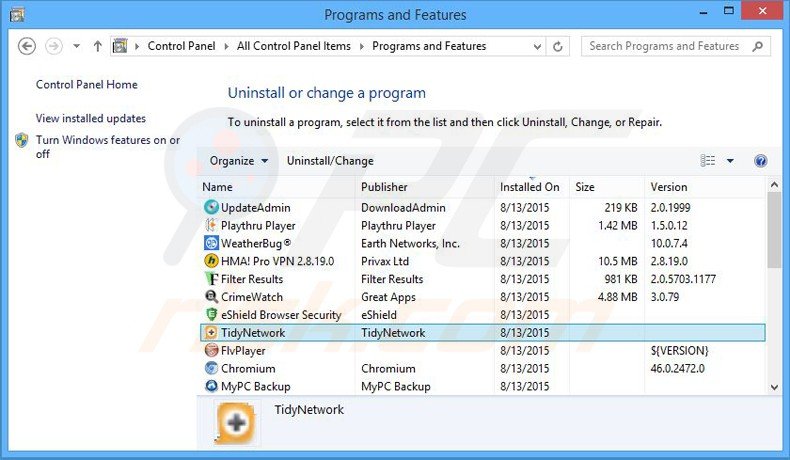 tidynetwork adware uninstall via Control Panel