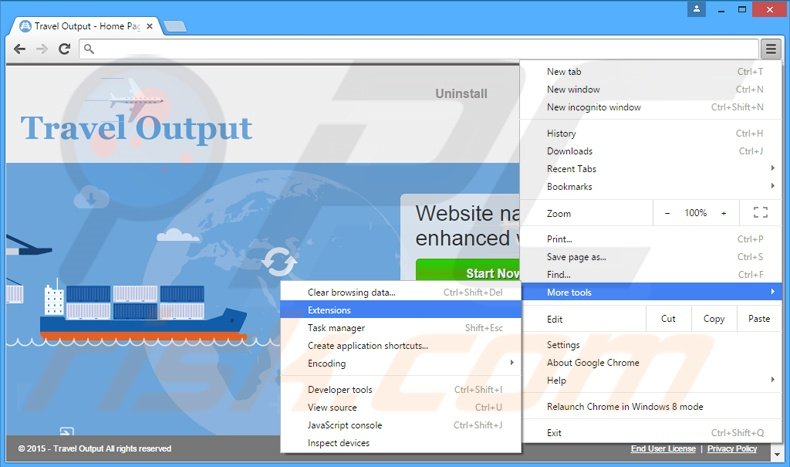 Removing Travel Output  ads from Google Chrome step 1