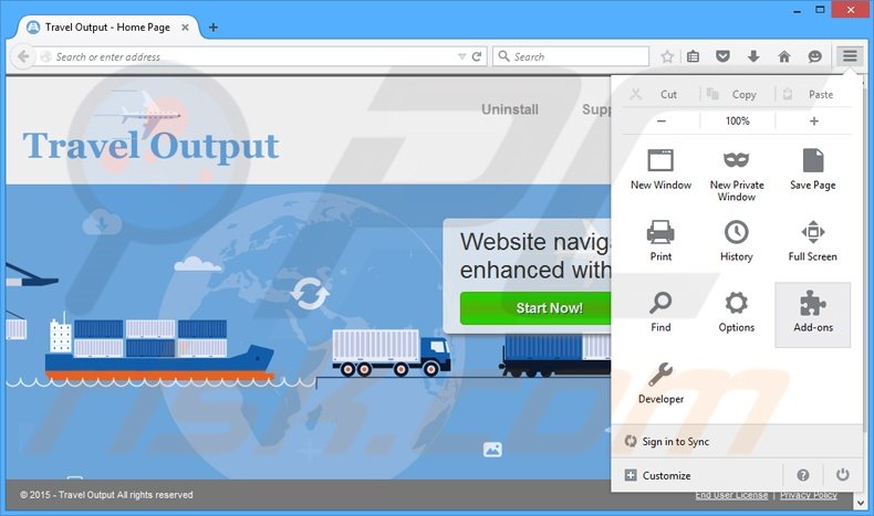 Removing Travel Output ads from Mozilla Firefox step 1