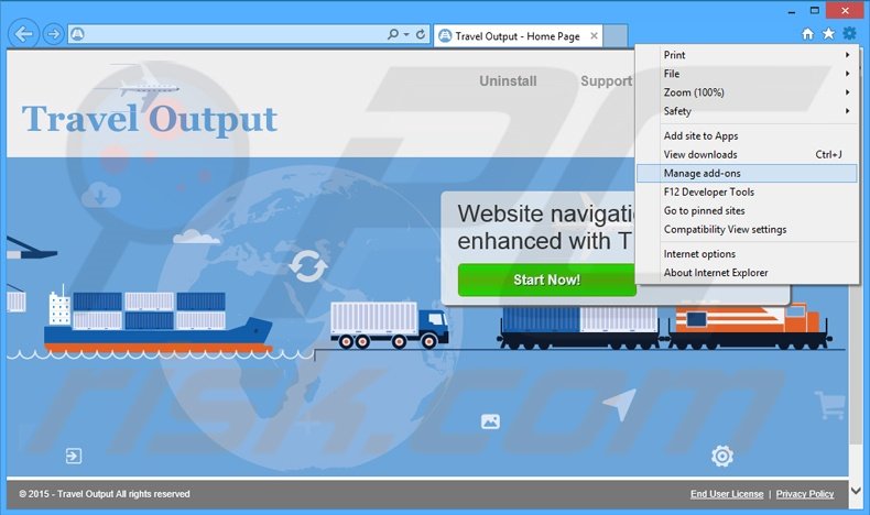 Removing Travel Output ads from Internet Explorer step 1