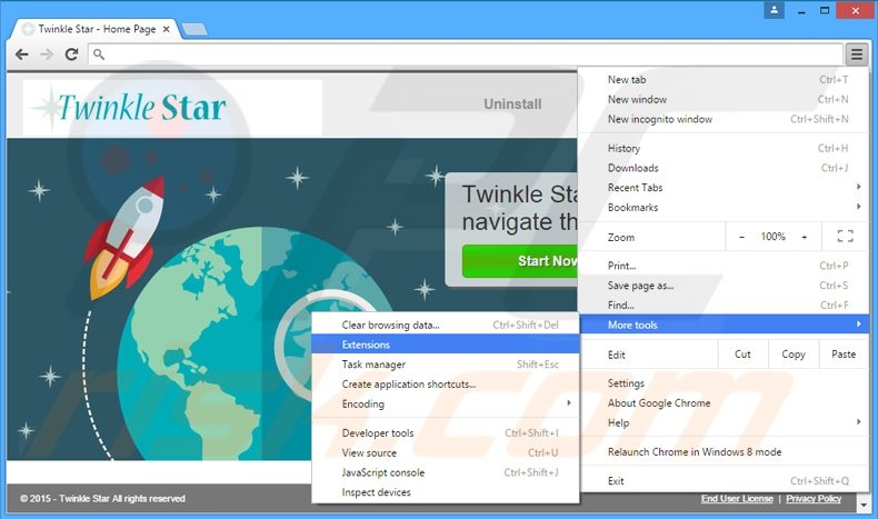 Removing Twinkle Star  ads from Google Chrome step 1