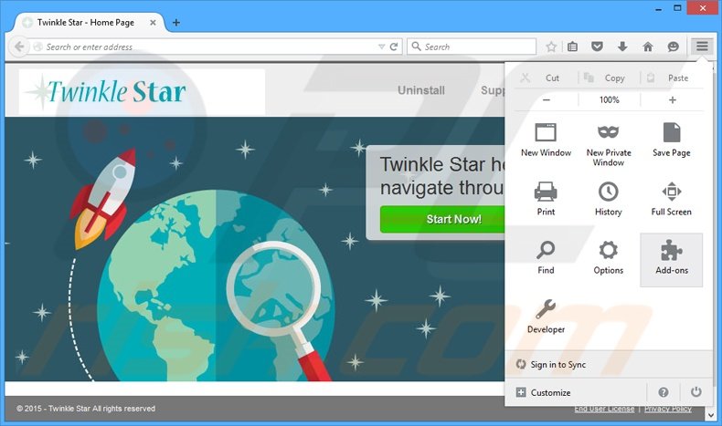 Removing Twinkle Star ads from Mozilla Firefox step 1