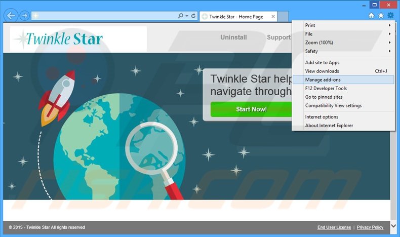 Removing Twinkle Star ads from Internet Explorer step 1