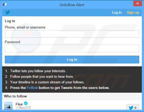 Deceptive Unfollow Alert adware application