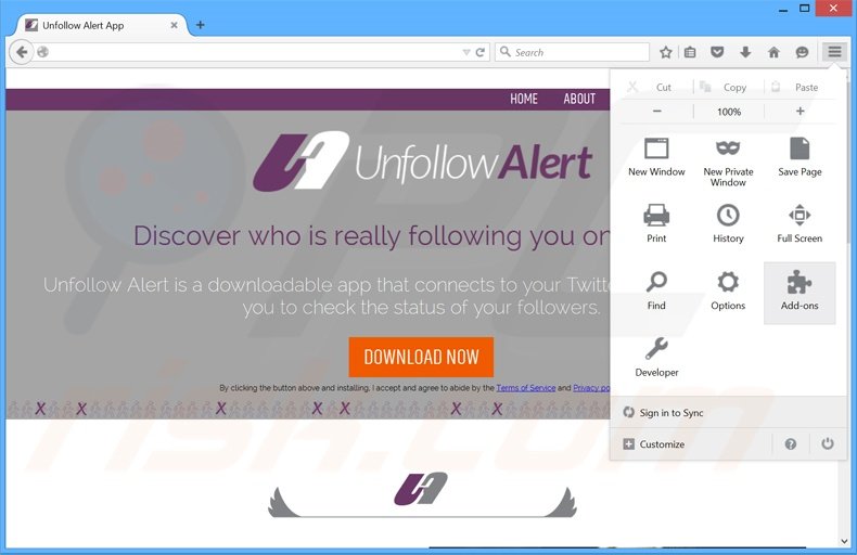 Removing Unfollow Alert ads from Mozilla Firefox step 1