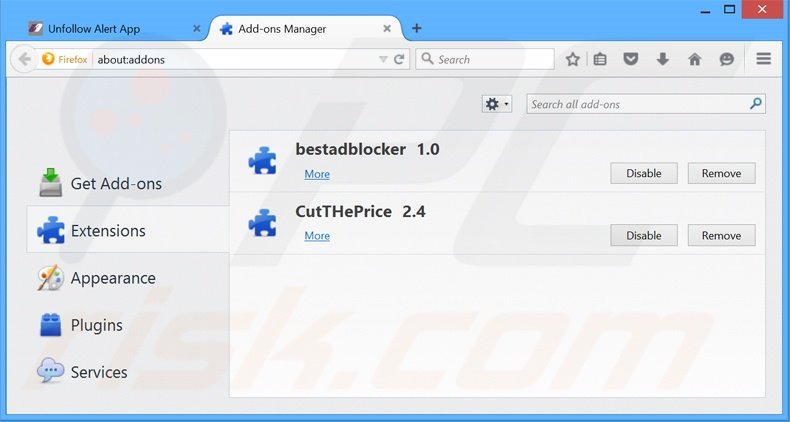 Removing Unfollow Alert ads from Mozilla Firefox step 2