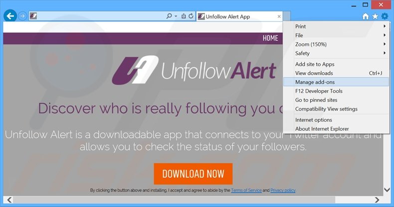 Removing Unfollow Alert ads from Internet Explorer step 1