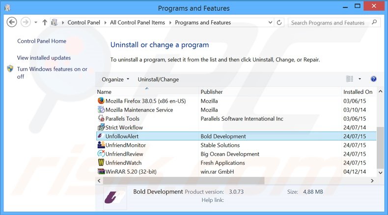 Unfollow Alert adware uninstall via Control Panel