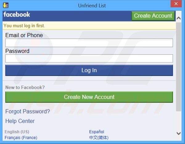 Screenshot of Unfriend List adware application