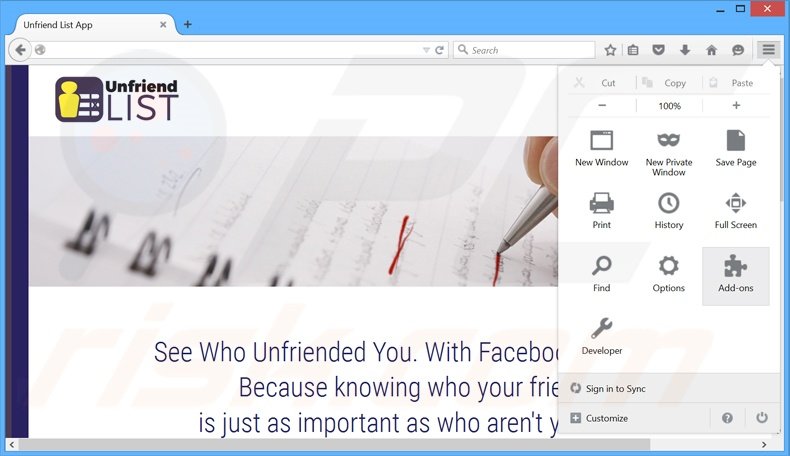 Removing Unfriend List ads from Mozilla Firefox step 1