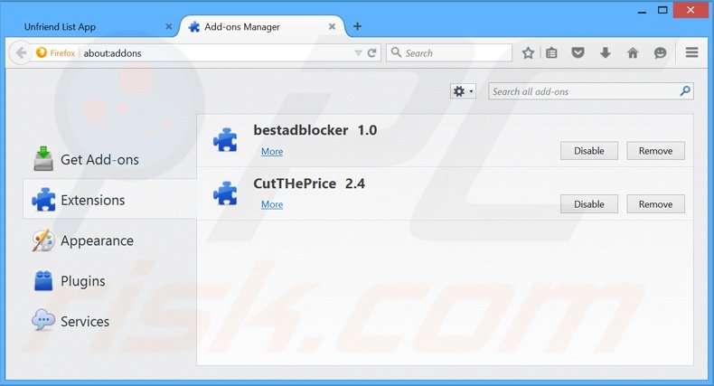 Removing Unfriend List ads from Mozilla Firefox step 2