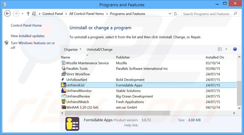 Unfriend List adware uninstall via Control Panel