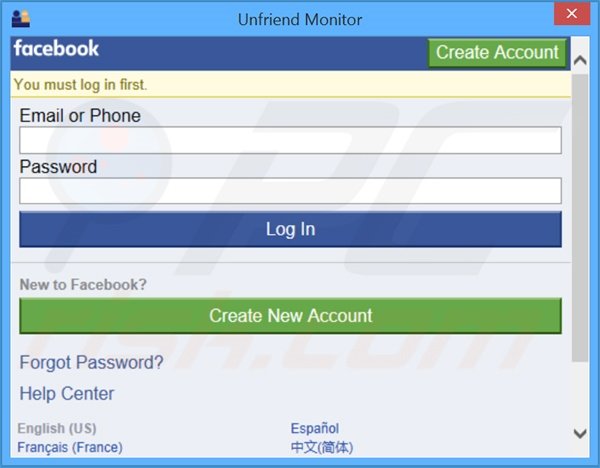 Screenshot of deceptive Unfriend Monitor adware application