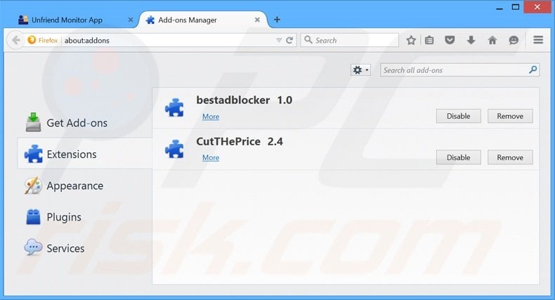 Removing Unfriend Monitor ads from Mozilla Firefox step 2