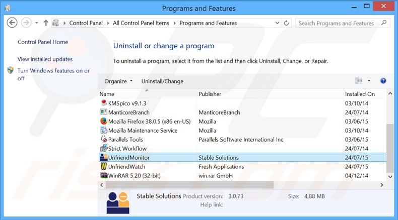 Unfriend Monitor adware uninstall via Control Panel